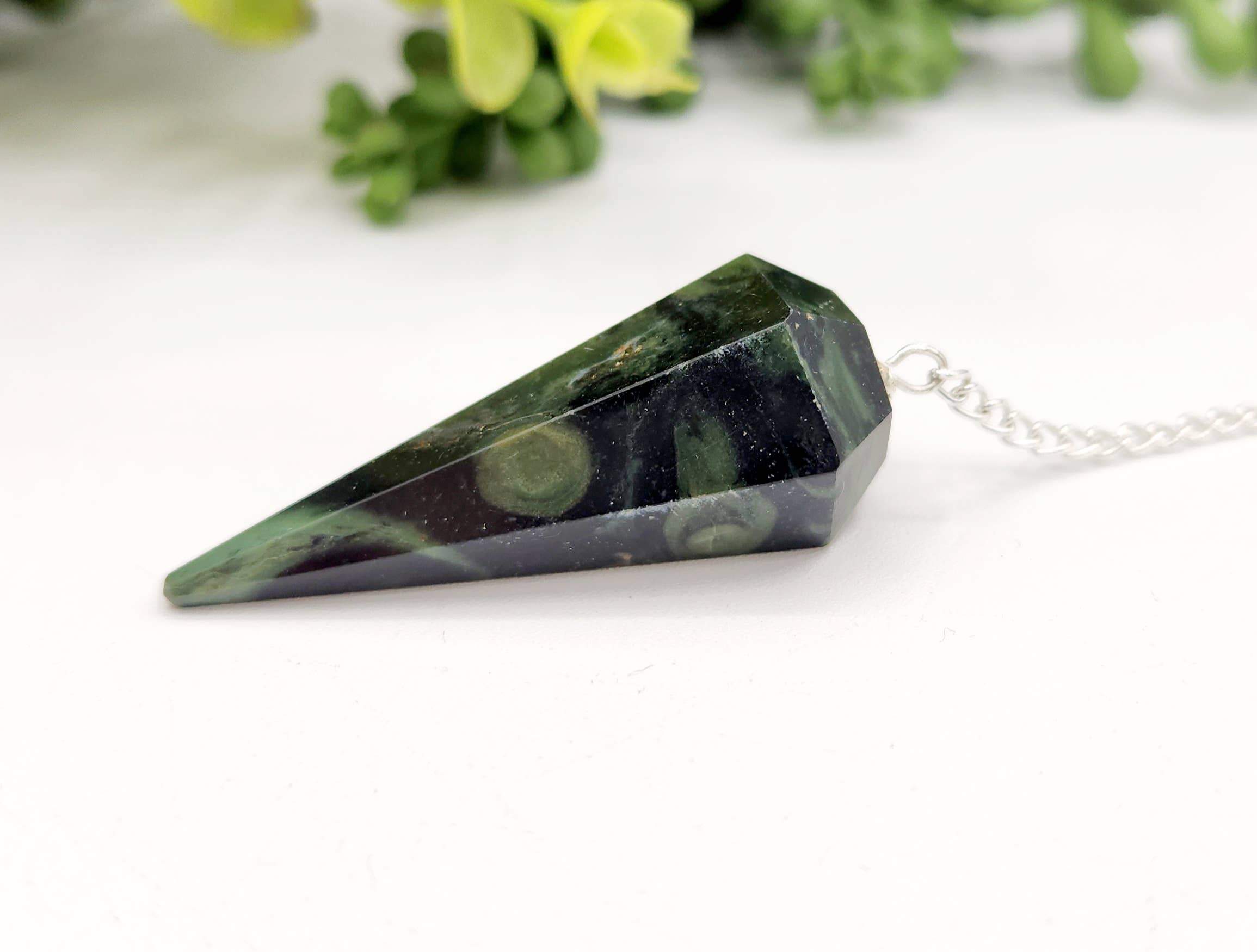 Kambaba Jasper Pendulum w/Silver Plated Chain & Clear Quartz