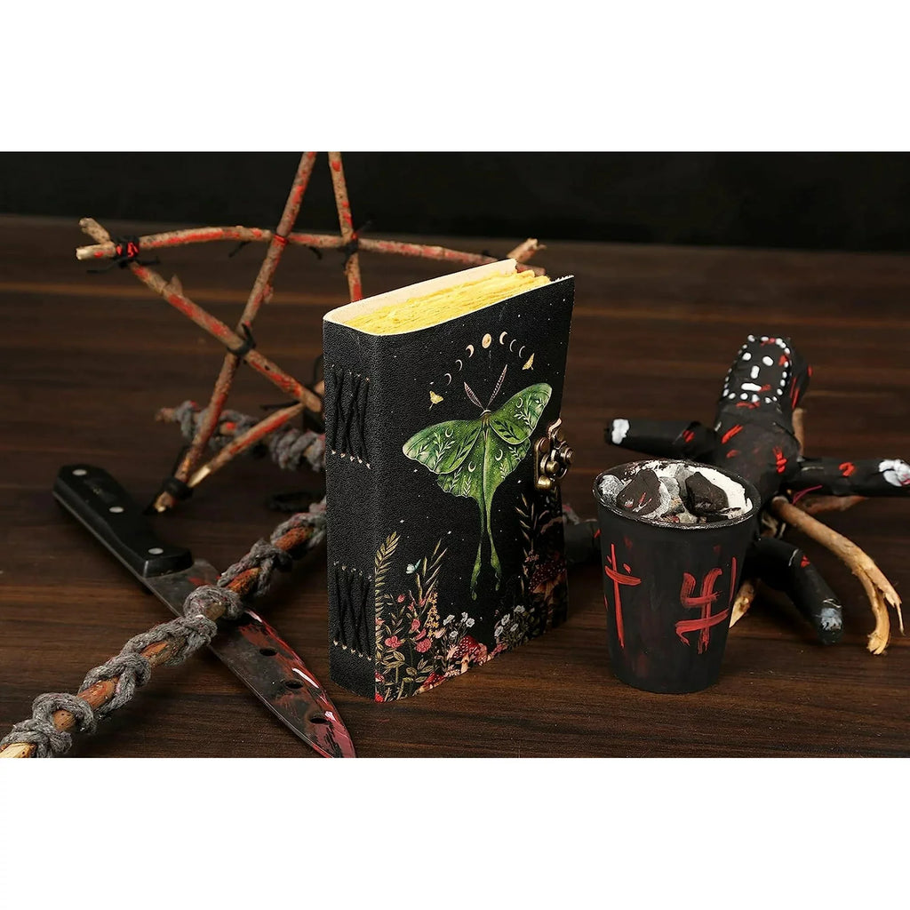 Blank Leather Journal - Luna Moths Printed, Handstiched Binding, Brass Closure and Handmade Paper