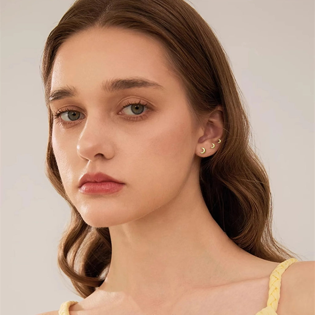 3 Pairs - Tiny Crescent Moon Stud Earrings - Crafted from S925 Sterling Silver with 18K Gold Plated - Hypoallergenic Post
