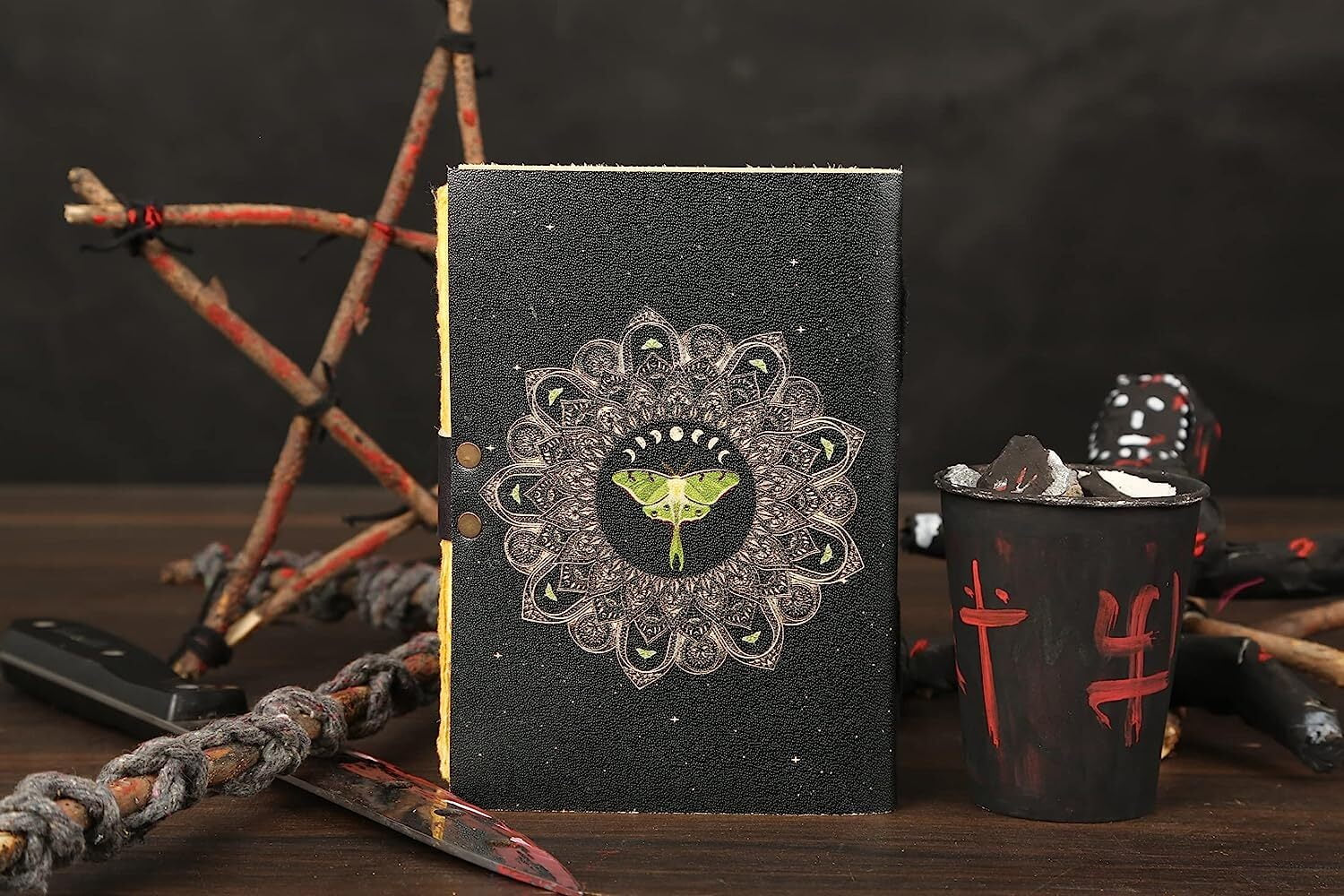 Blank Leather Journal - Luna Moths Printed, Handstiched Binding, Brass Closure and Handmade Paper