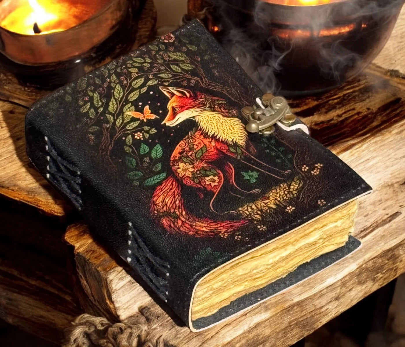 Blank Leather Journal - Fox Printed, Handstiched Binding, Brass Closure and Handmade Paper