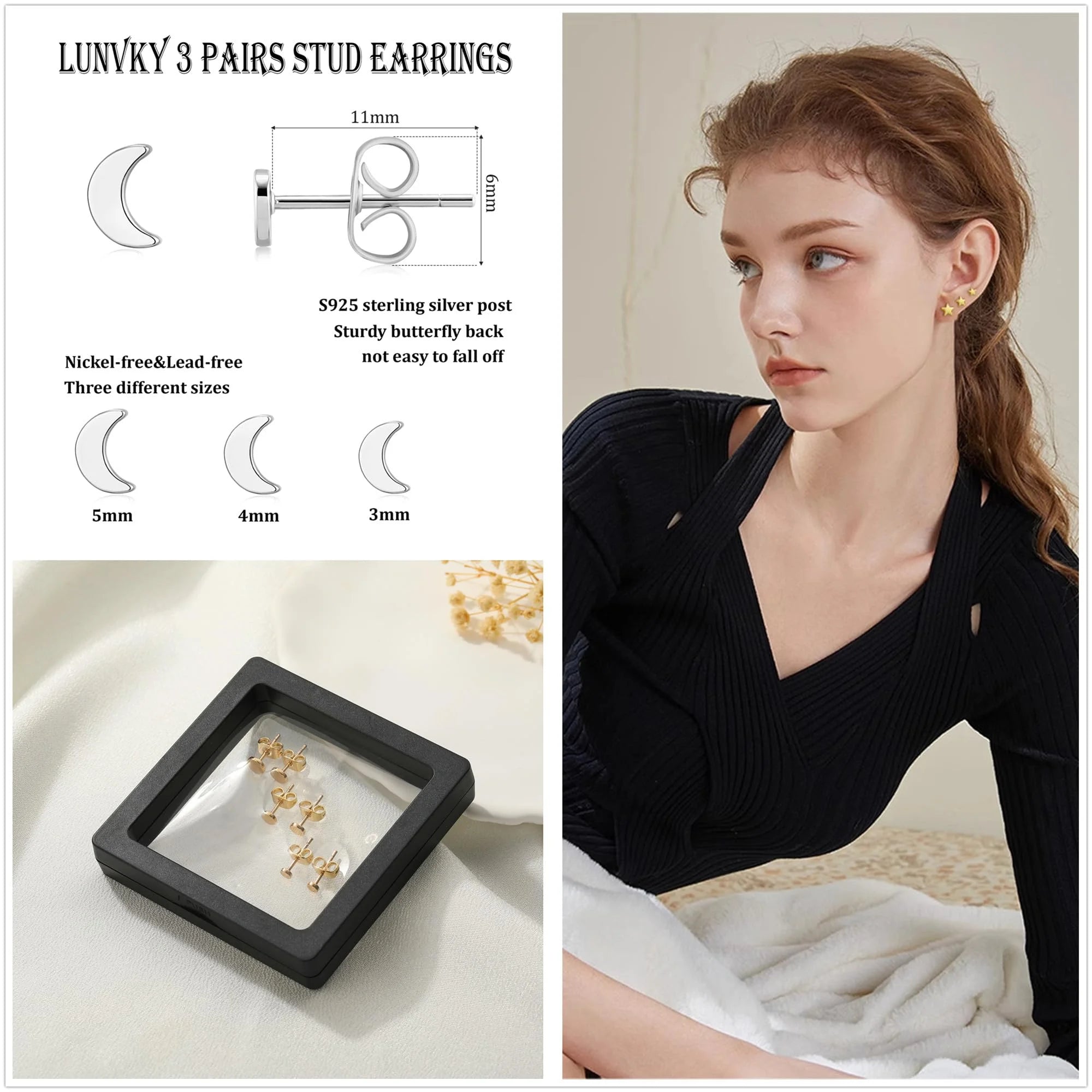 3 Pairs - Tiny Crescent Moon Stud Earrings - S925 Sterling Silver Hypoallergenic Post