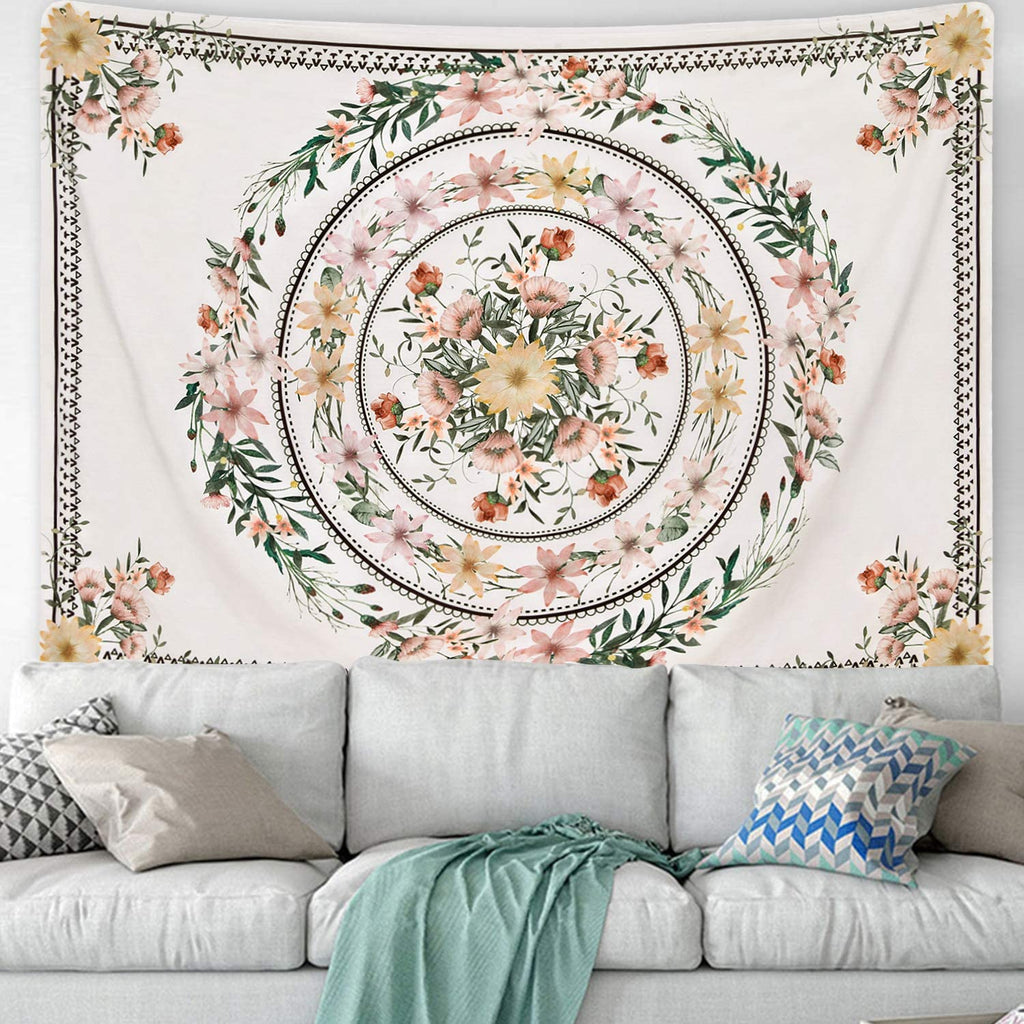 Mandala Tapestry Floral Medallion Tapestry Sketched Flower Plant Tapestry Bohemian Hippie Tapestry for Room (59.1 X 59.1 Inches)