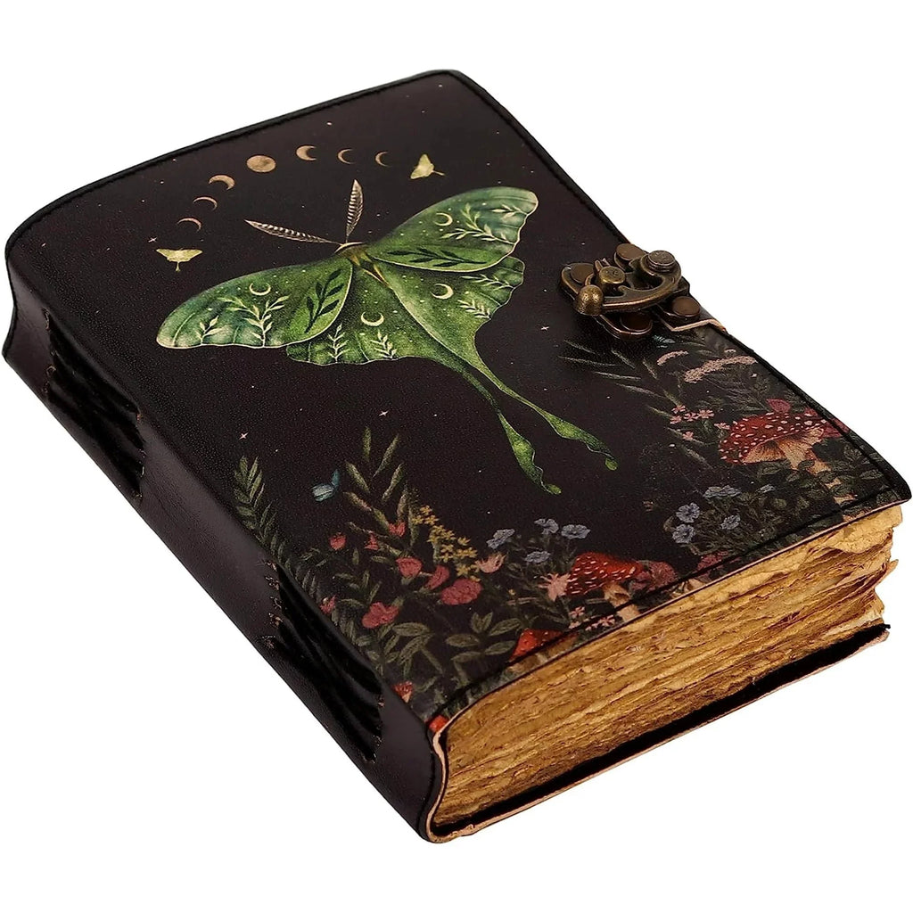 Blank Leather Journal - Luna Moths Printed, Handstiched Binding, Brass Closure and Handmade Paper