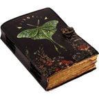 Blank Leather Journal - Luna Moths Printed, Handstiched Binding, Brass Closure and Handmade Paper