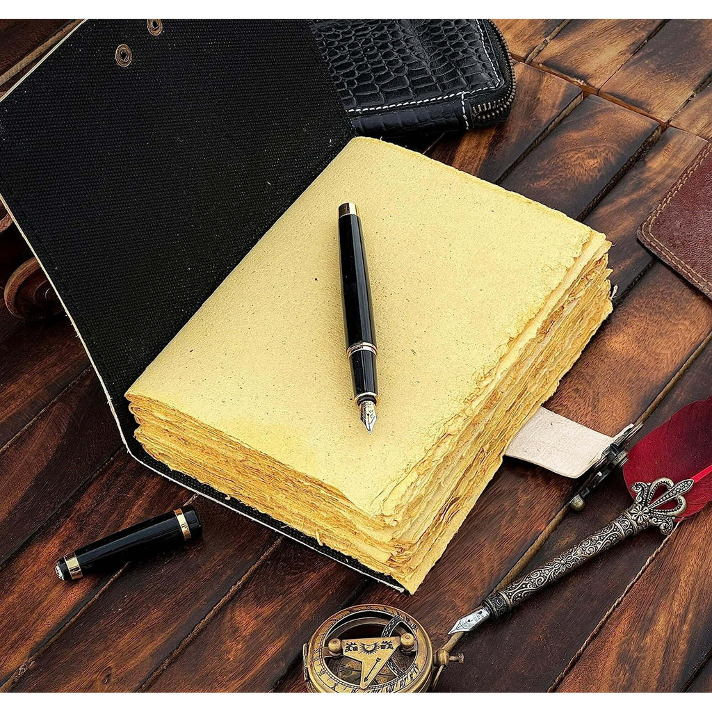 Blank Leather Journal - Luna Moths Printed, Handstiched Binding, Brass Closure and Handmade Paper