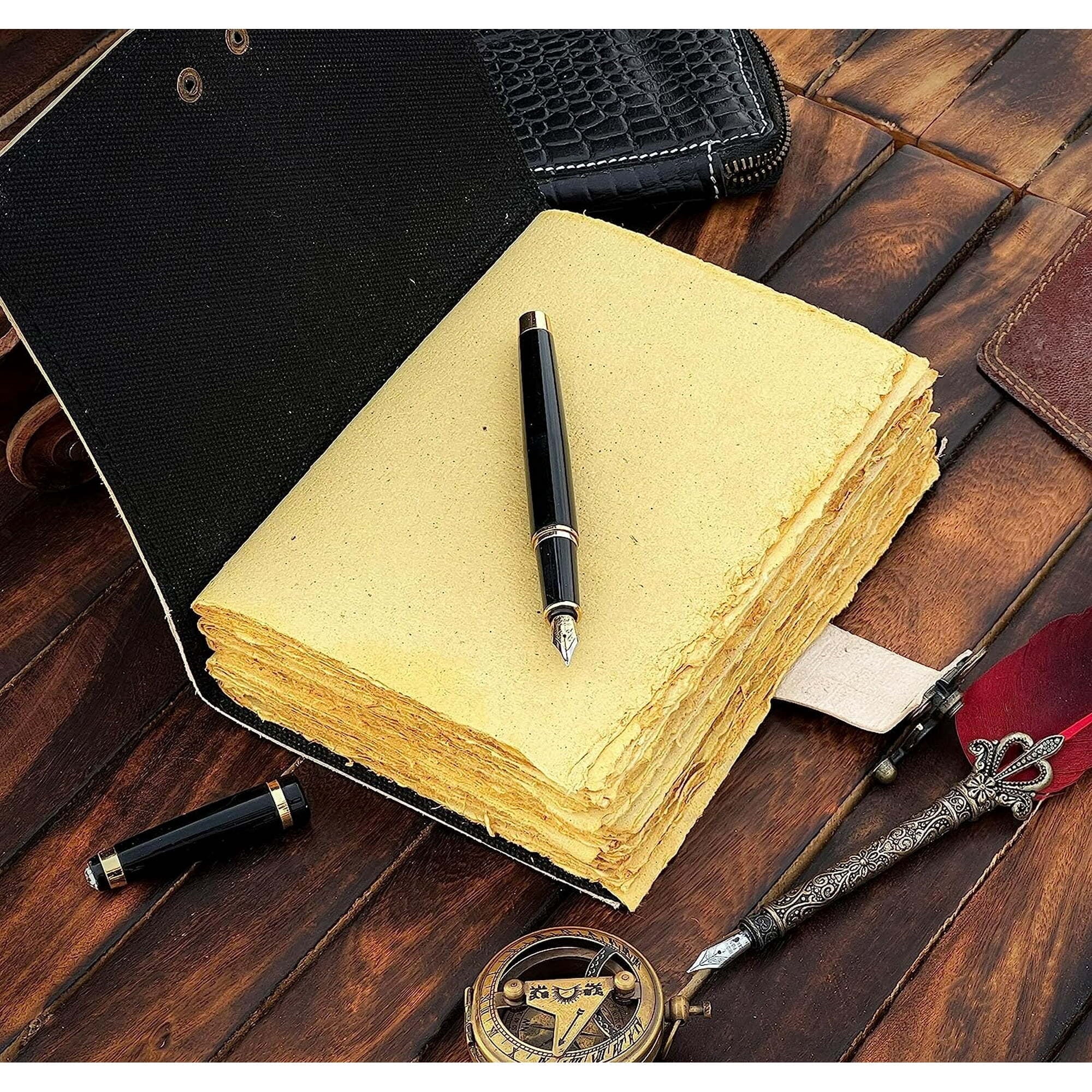 Blank Leather Journal - Luna Moths Printed, Handstiched Binding, Brass Closure and Handmade Paper