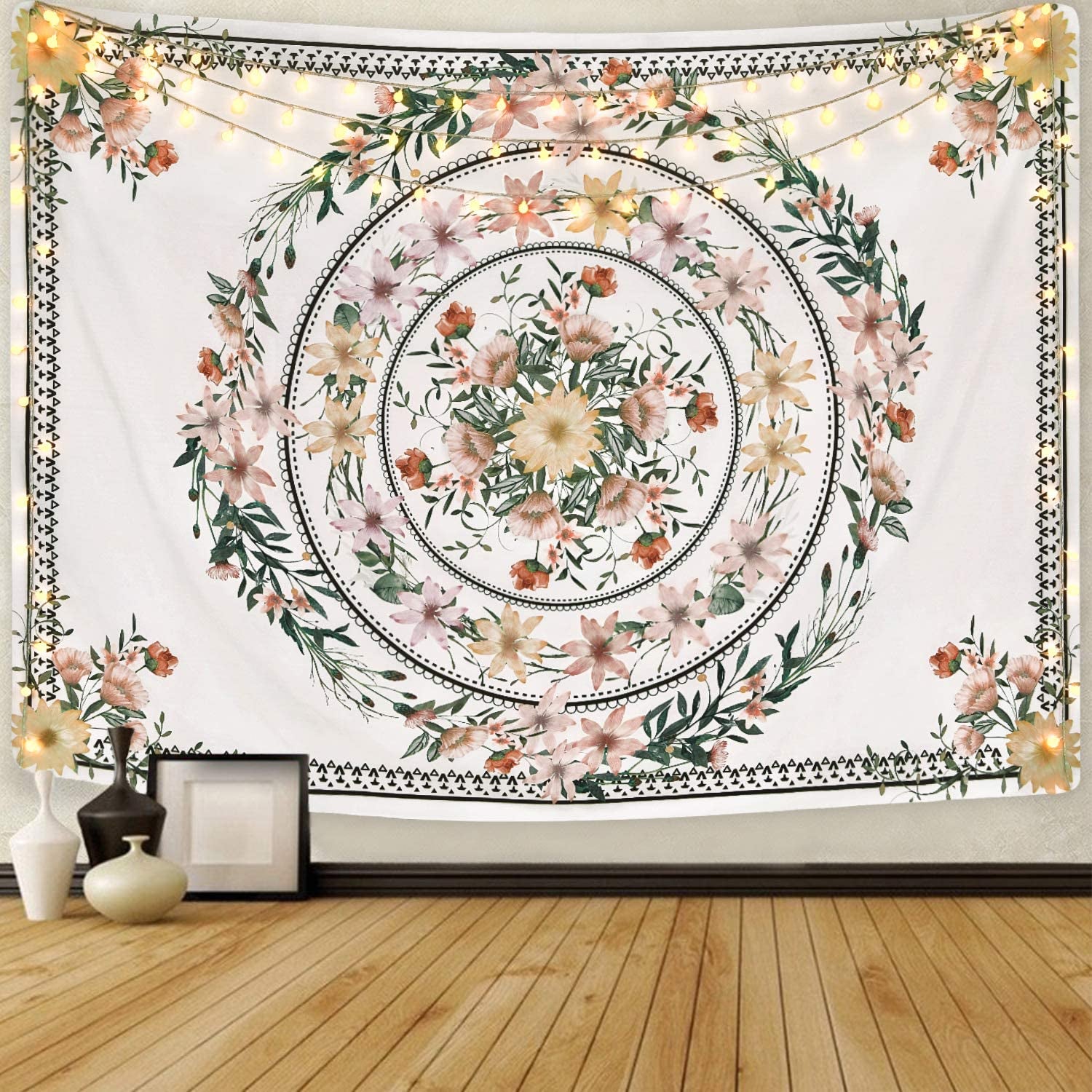 Mandala Tapestry Floral Medallion Tapestry Sketched Flower Plant Tapestry Bohemian Hippie Tapestry for Room (59.1 X 59.1 Inches)