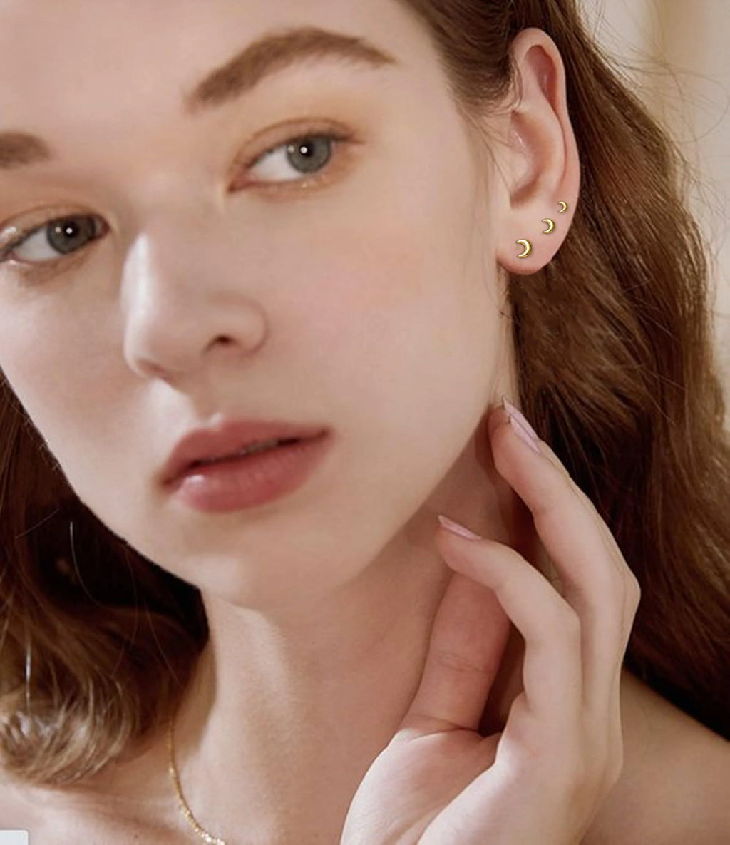 3 Pairs - Tiny Crescent Moon Stud Earrings - Crafted from S925 Sterling Silver with 18K Gold Plated - Hypoallergenic Post