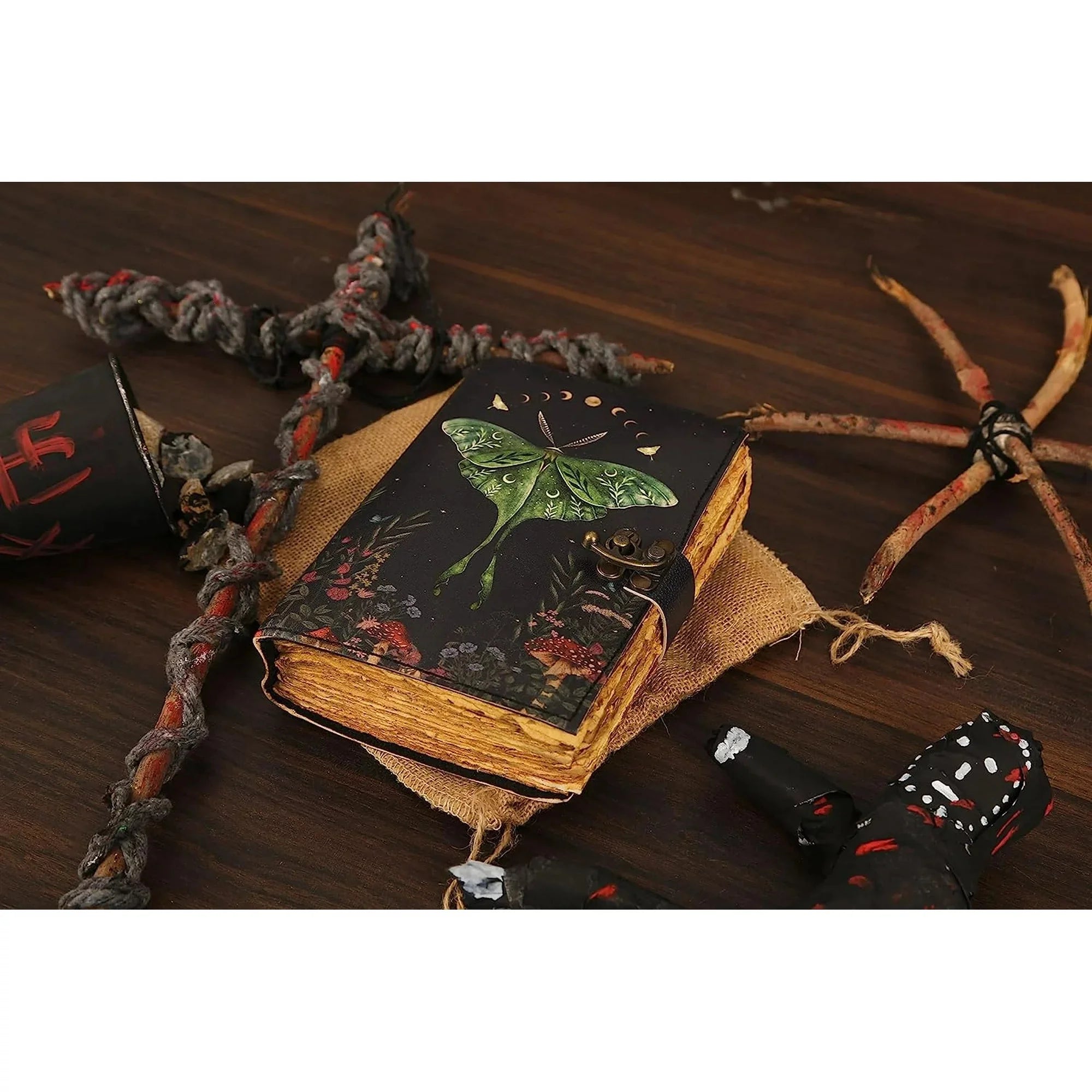 Blank Leather Journal - Luna Moths Printed, Handstiched Binding, Brass Closure and Handmade Paper