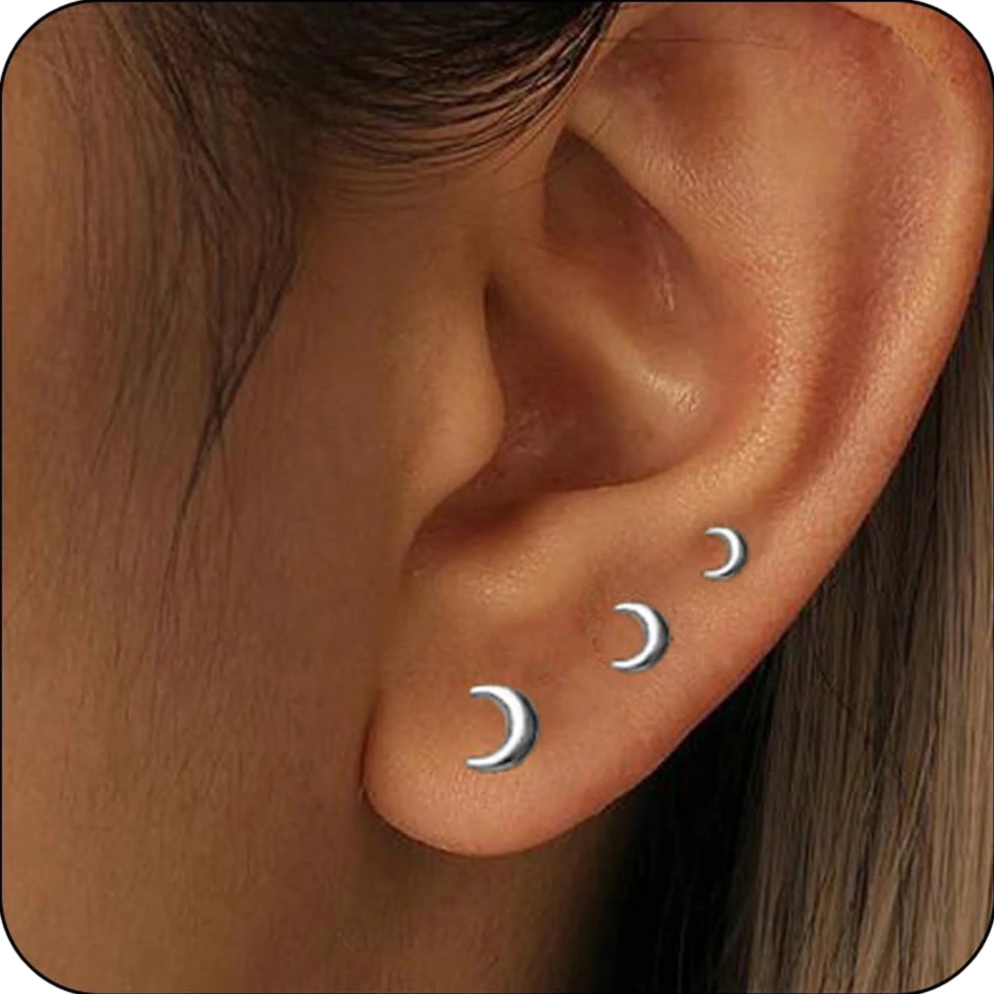 3 Pairs - Tiny Crescent Moon Stud Earrings - S925 Sterling Silver Hypoallergenic Post
