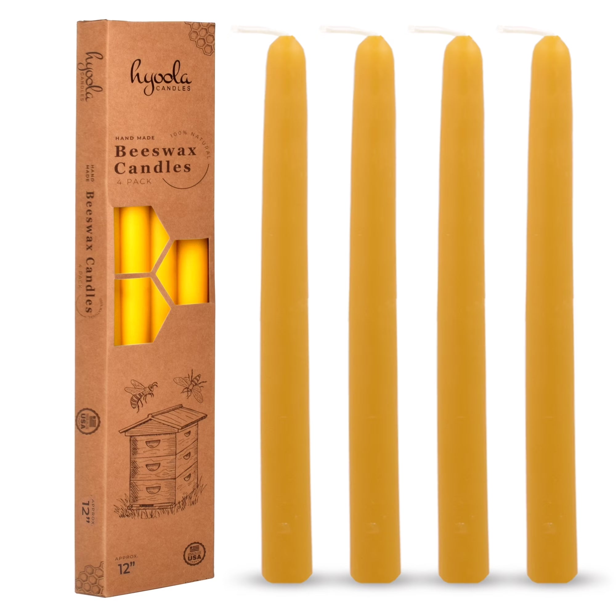 12 Inch - Handmade All Natural Beeswax Taper Candles - Honey Scent 4 Pack