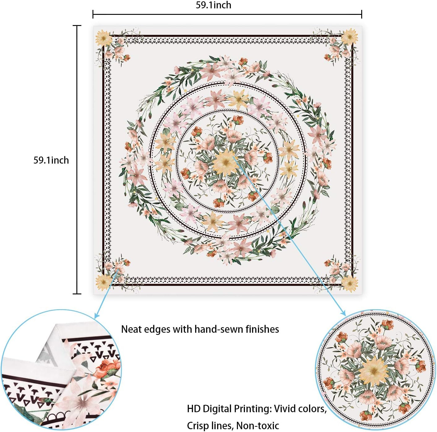 Mandala Tapestry Floral Medallion Tapestry Sketched Flower Plant Tapestry Bohemian Hippie Tapestry for Room (59.1 X 59.1 Inches)