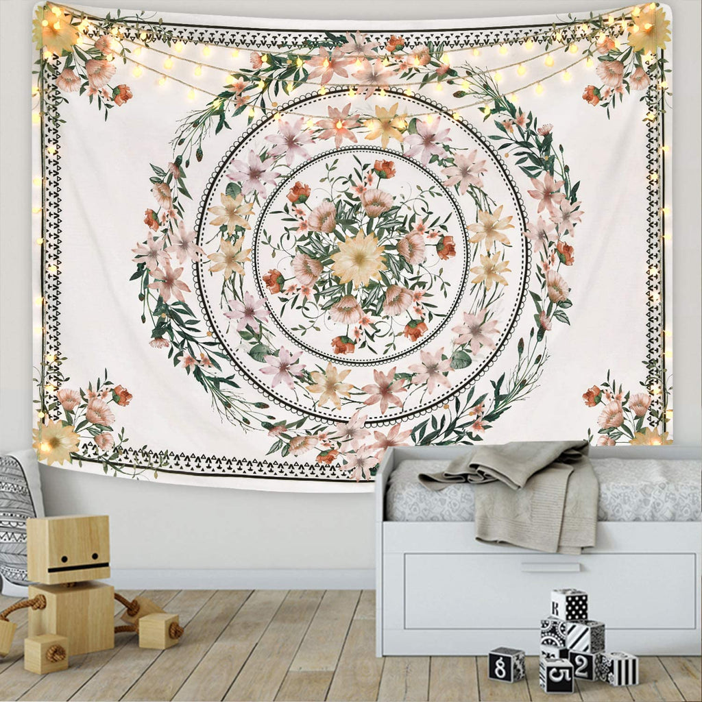 Mandala Tapestry Floral Medallion Tapestry Sketched Flower Plant Tapestry Bohemian Hippie Tapestry for Room (59.1 X 59.1 Inches)