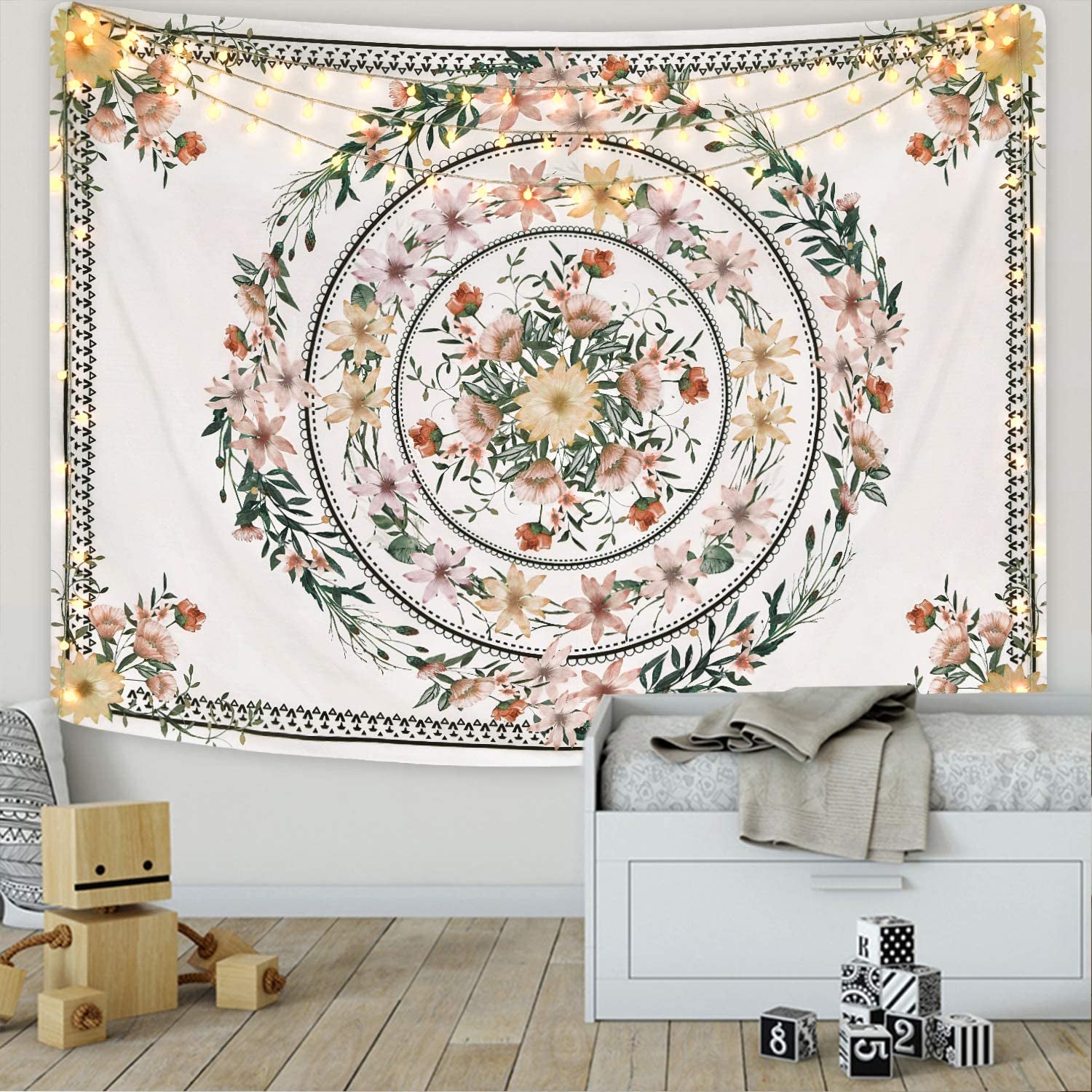 Mandala Tapestry Floral Medallion Tapestry Sketched Flower Plant Tapestry Bohemian Hippie Tapestry for Room (59.1 X 59.1 Inches)
