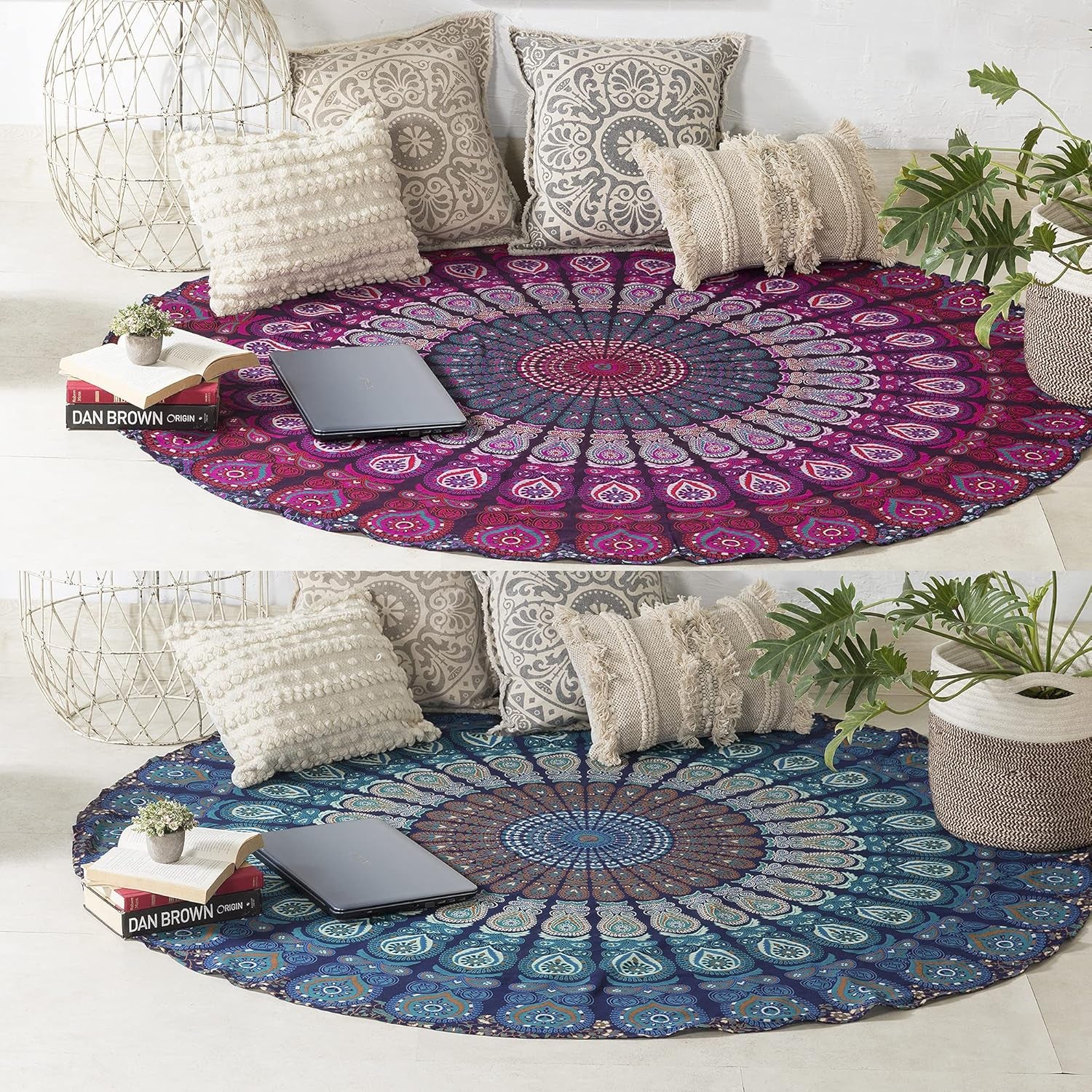 round Tapestry Set of 2, Wall Hanging Ombre Hippie Mandala Bohemian Hippy Intricate Indian Tapestries Tablecloth 70 Inches,(178Cm) Purple & Blue
