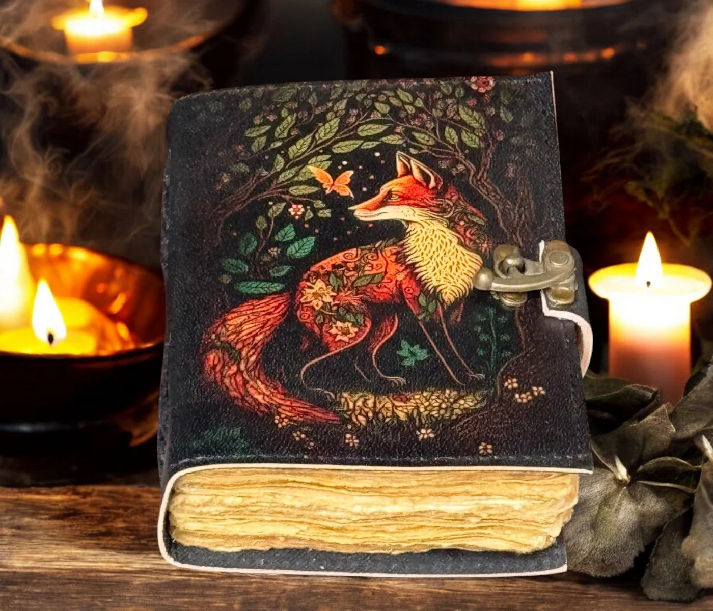 Blank Leather Journal - Fox Printed, Handstiched Binding, Brass Closure and Handmade Paper