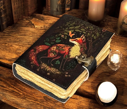 Blank Leather Journal - Fox Printed, Handstiched Binding, Brass Closure and Handmade Paper