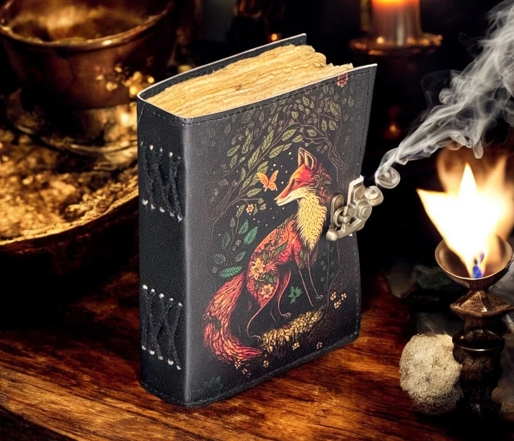Blank Leather Journal - Fox Printed, Handstiched Binding, Brass Closure and Handmade Paper