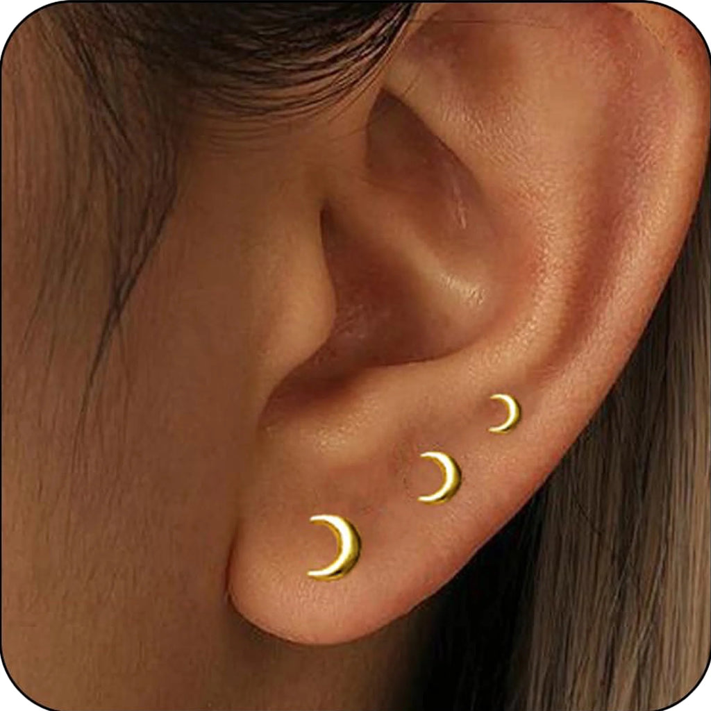 3 Pairs - Tiny Crescent Moon Stud Earrings - Crafted from S925 Sterling Silver with 18K Gold Plated - Hypoallergenic Post