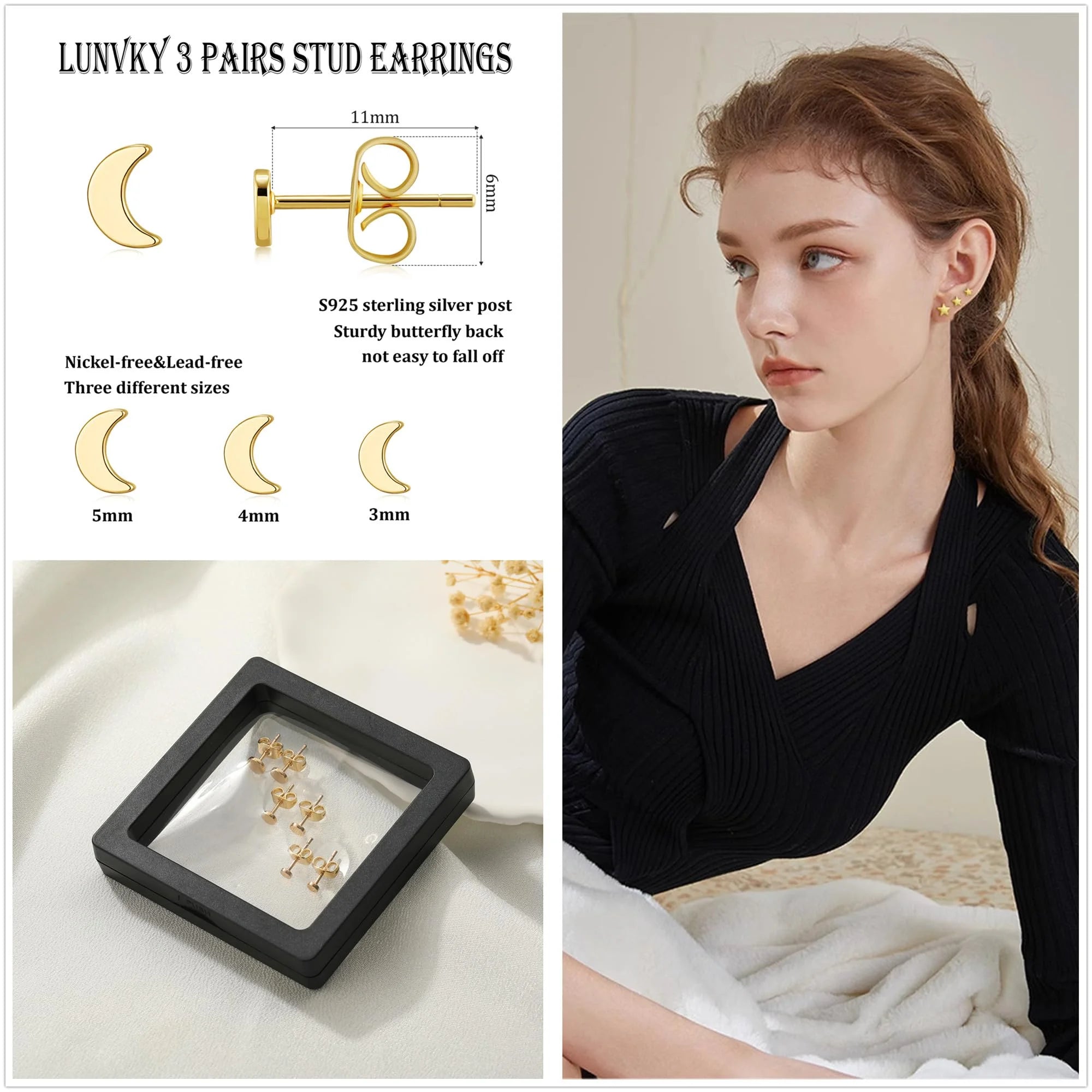 3 Pairs - Tiny Crescent Moon Stud Earrings - Crafted from S925 Sterling Silver with 18K Gold Plated - Hypoallergenic Post