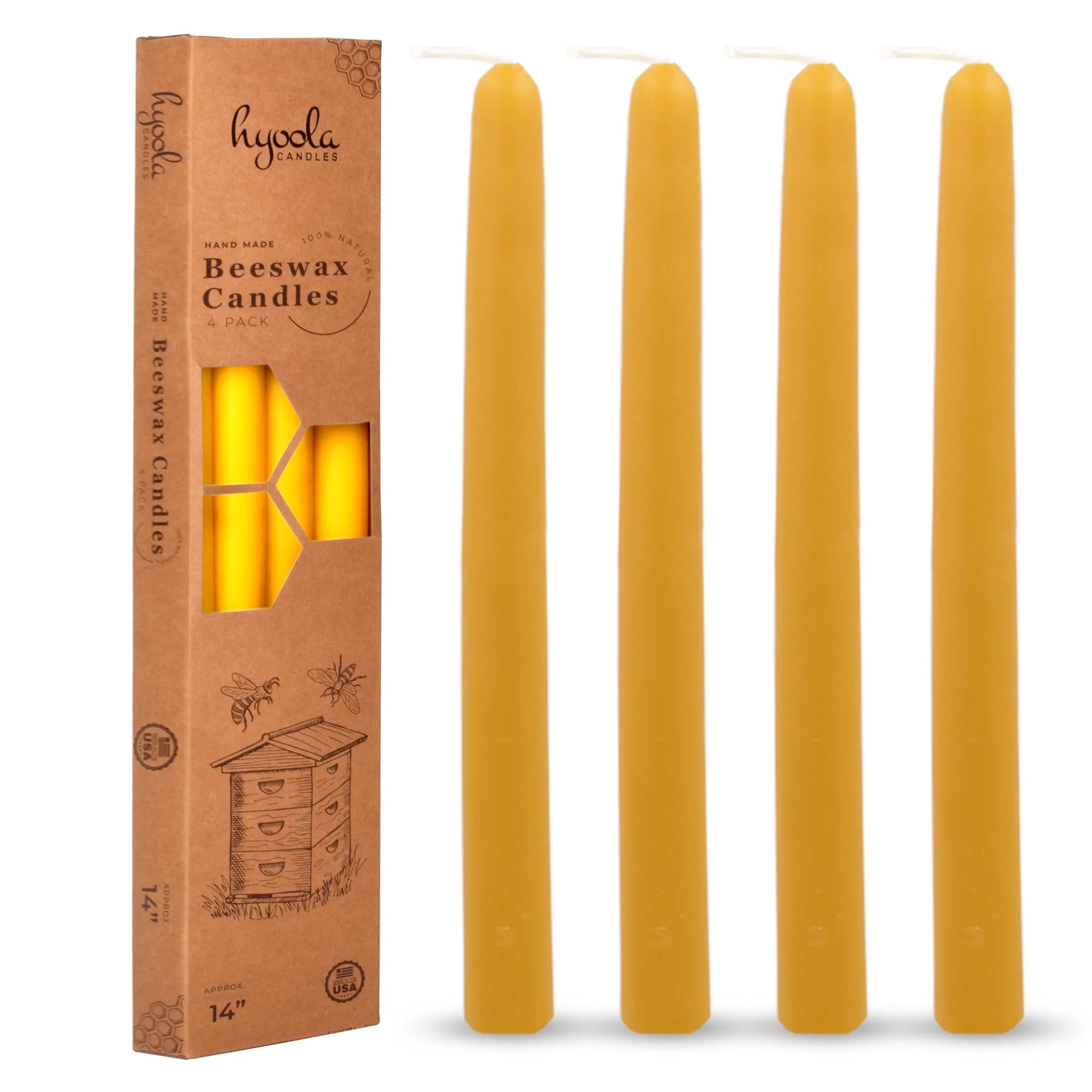 14 Inch - Handmade All Natural Beeswax Taper Candles - Honey Scent 4 Pack