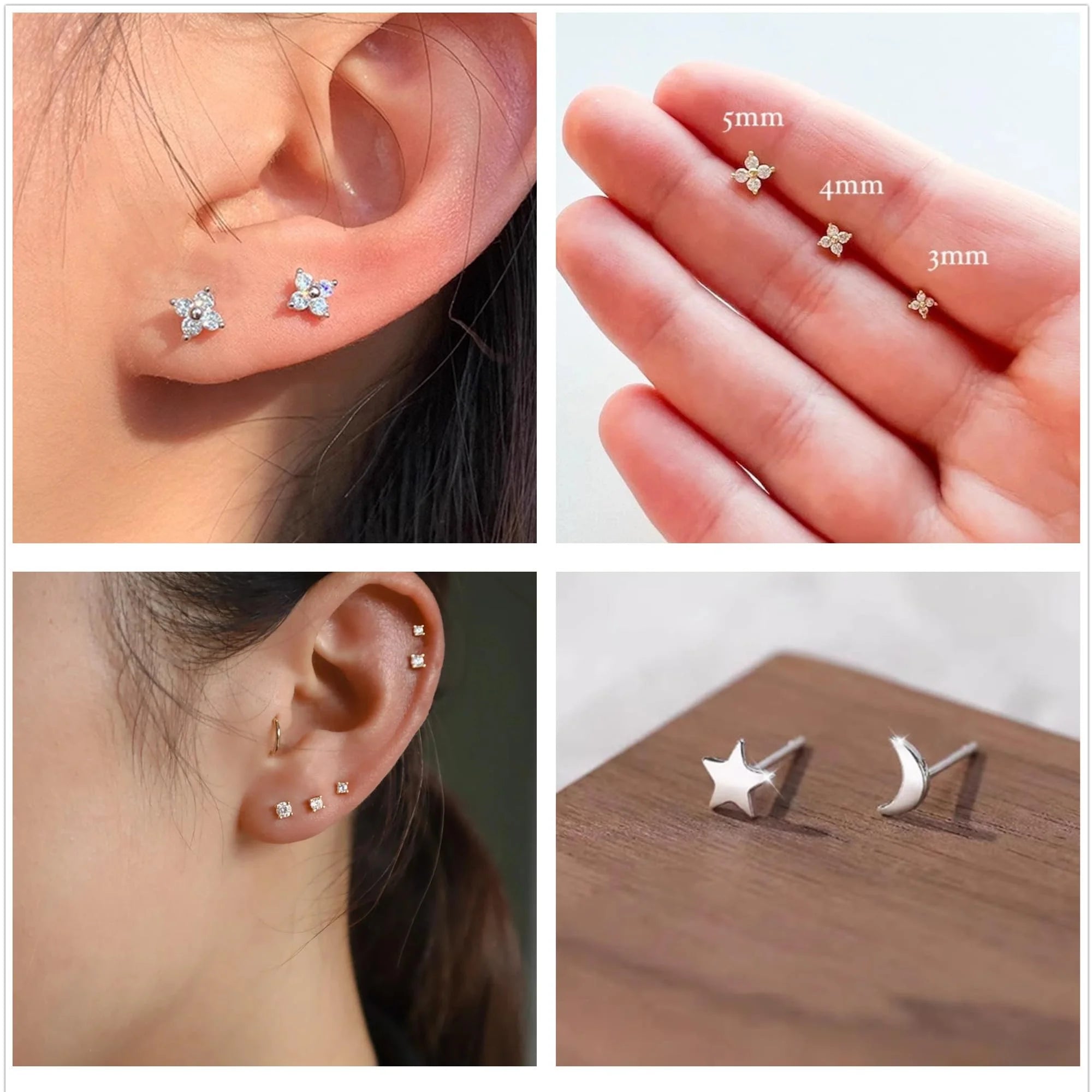 3 Pairs - Tiny Crescent Moon Stud Earrings - S925 Sterling Silver Hypoallergenic Post