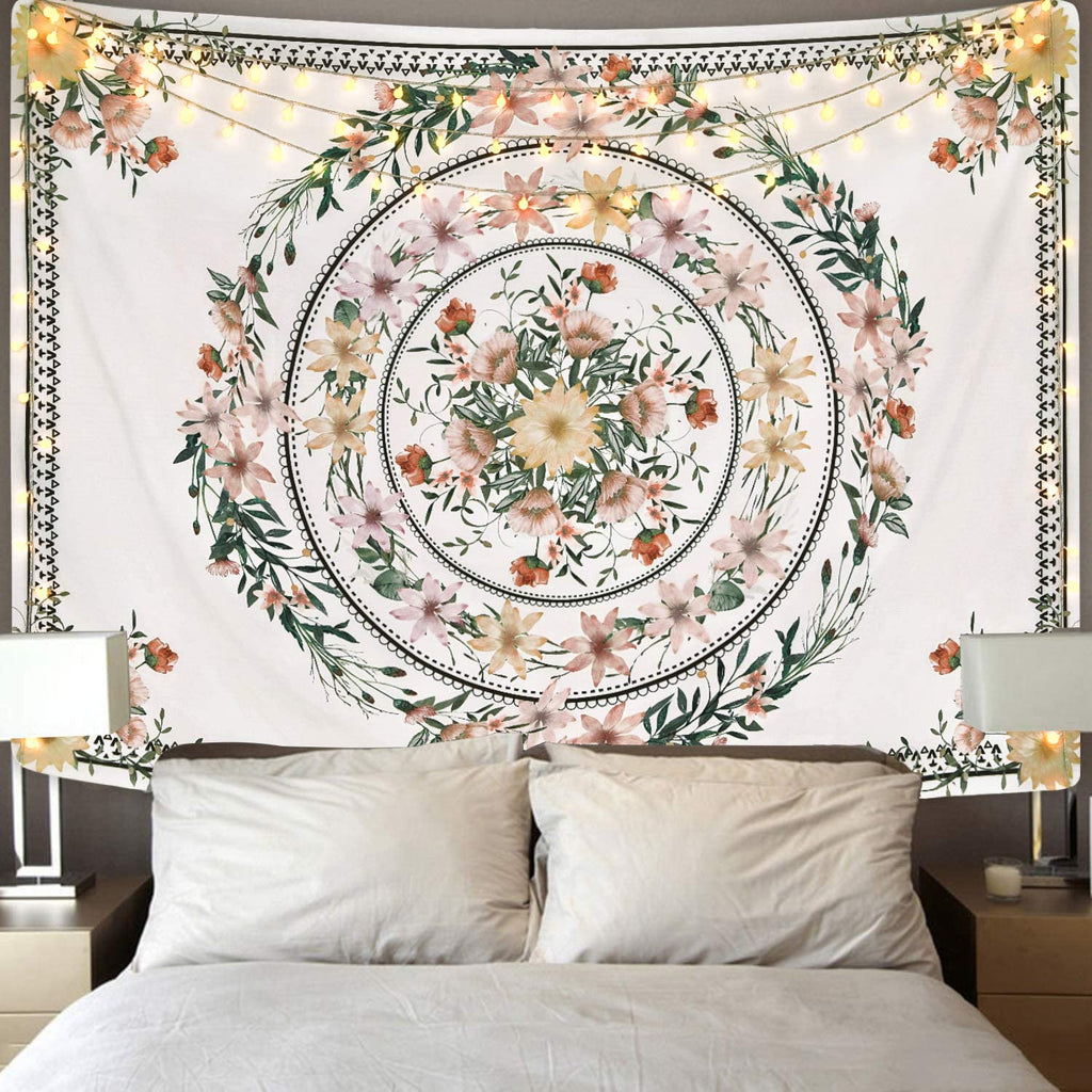 Mandala Tapestry Floral Medallion Tapestry Sketched Flower Plant Tapestry Bohemian Hippie Tapestry for Room (59.1 X 59.1 Inches)