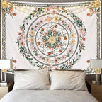 Mandala Tapestry Floral Medallion Tapestry Sketched Flower Plant Tapestry Bohemian Hippie Tapestry for Room (59.1 X 59.1 Inches)