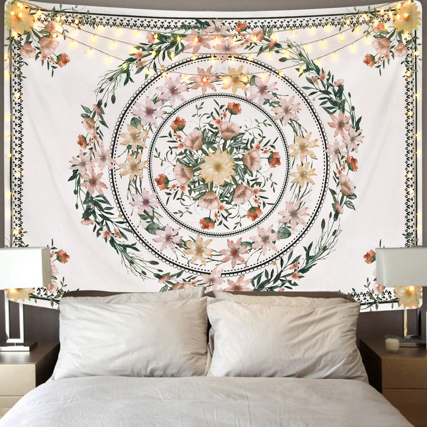Mandala Tapestry Floral Medallion Tapestry Sketched Flower Plant Tapestry Bohemian Hippie Tapestry for Room (59.1 X 59.1 Inches)